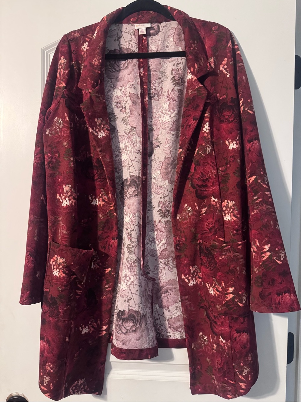 LuLaRoe Gwen Burgundy Floral Jacquard Long Blazer
